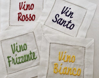 Embroidered Italian Wine Cocktail Napkins: Vino Rosso, Bianco, Frizzante, Santo (Set of 4)
