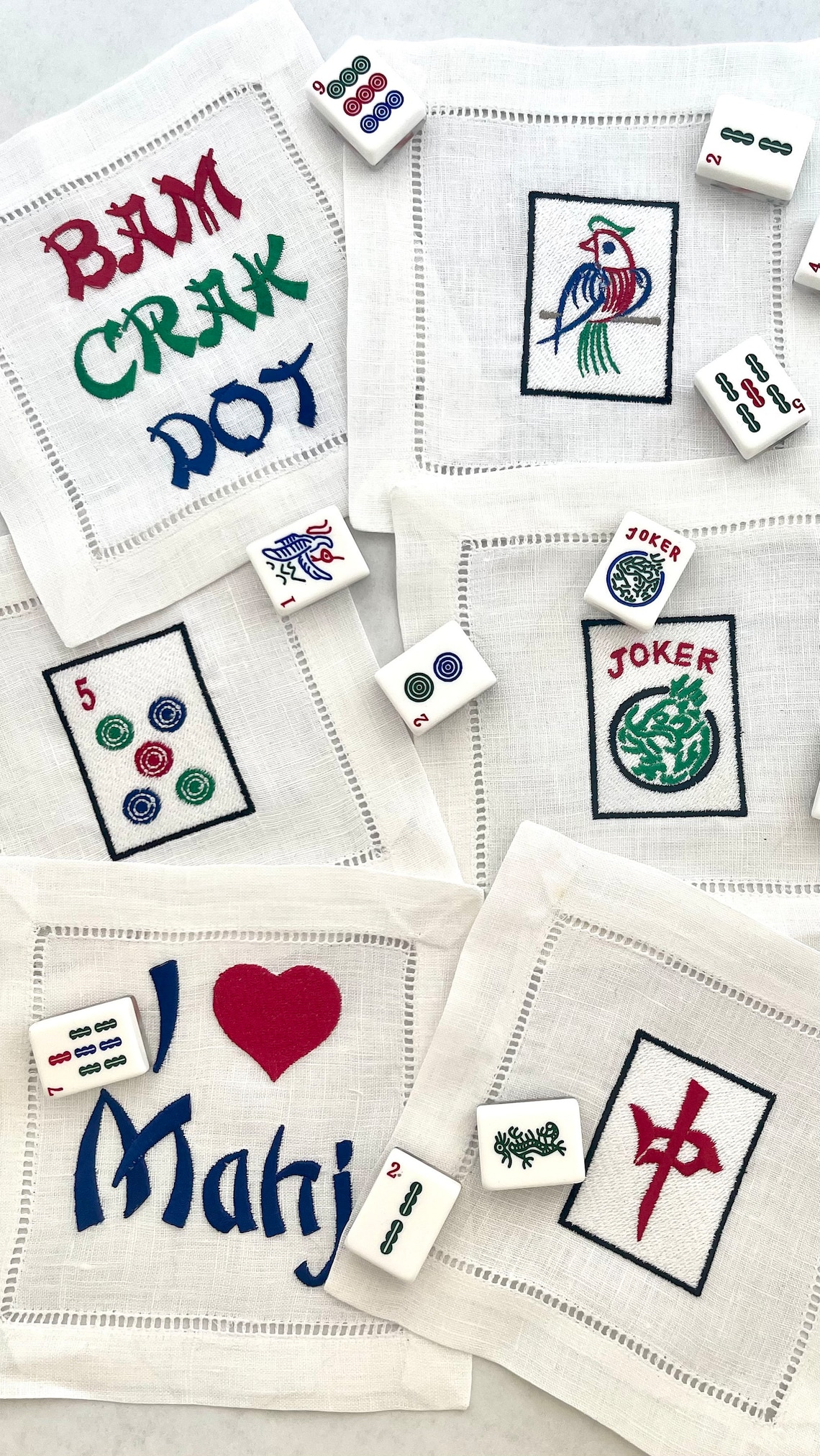 Mah Jongg Cocktail Napkins Linen Asian Chinese Love Mahj Bar Cart Decor Embroidered Joker 5 Dot