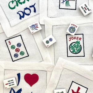 Embroidered Linen Mahjong Cocktail Napkins: Asian Bar Decor