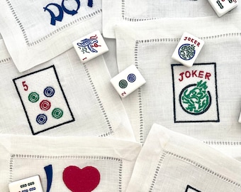 Embroidered Linen Mahjong Cocktail Napkins: Asian Bar Decor