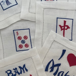 Embroidered Mahjong Linen Cocktail Napkins: Patriotic Asian Decor