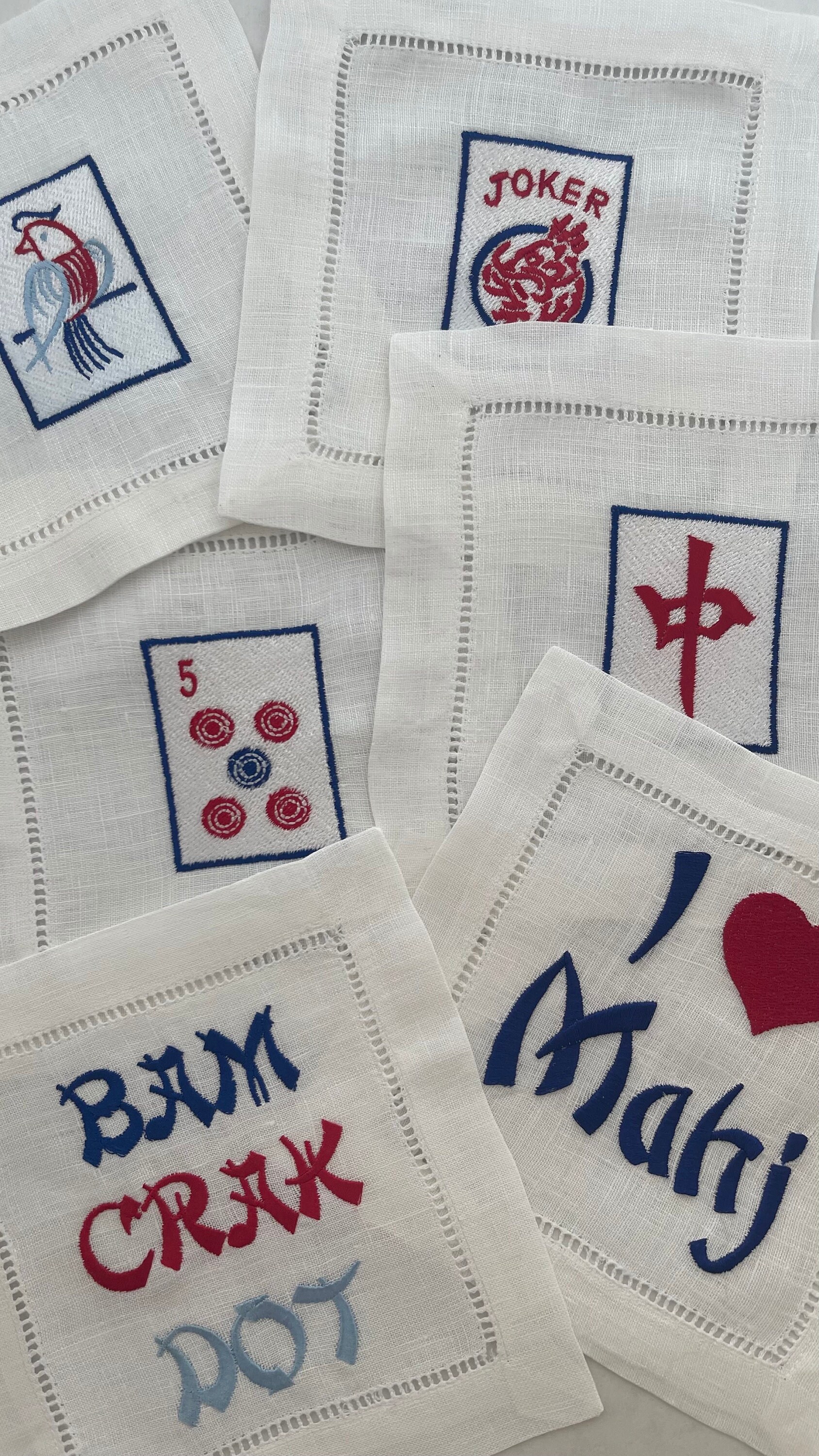 Mah Jongg Cocktail Napkins Linen Asian Chinese Love Mahj Bar Cart Decor Embroidered Joker 5 Dot