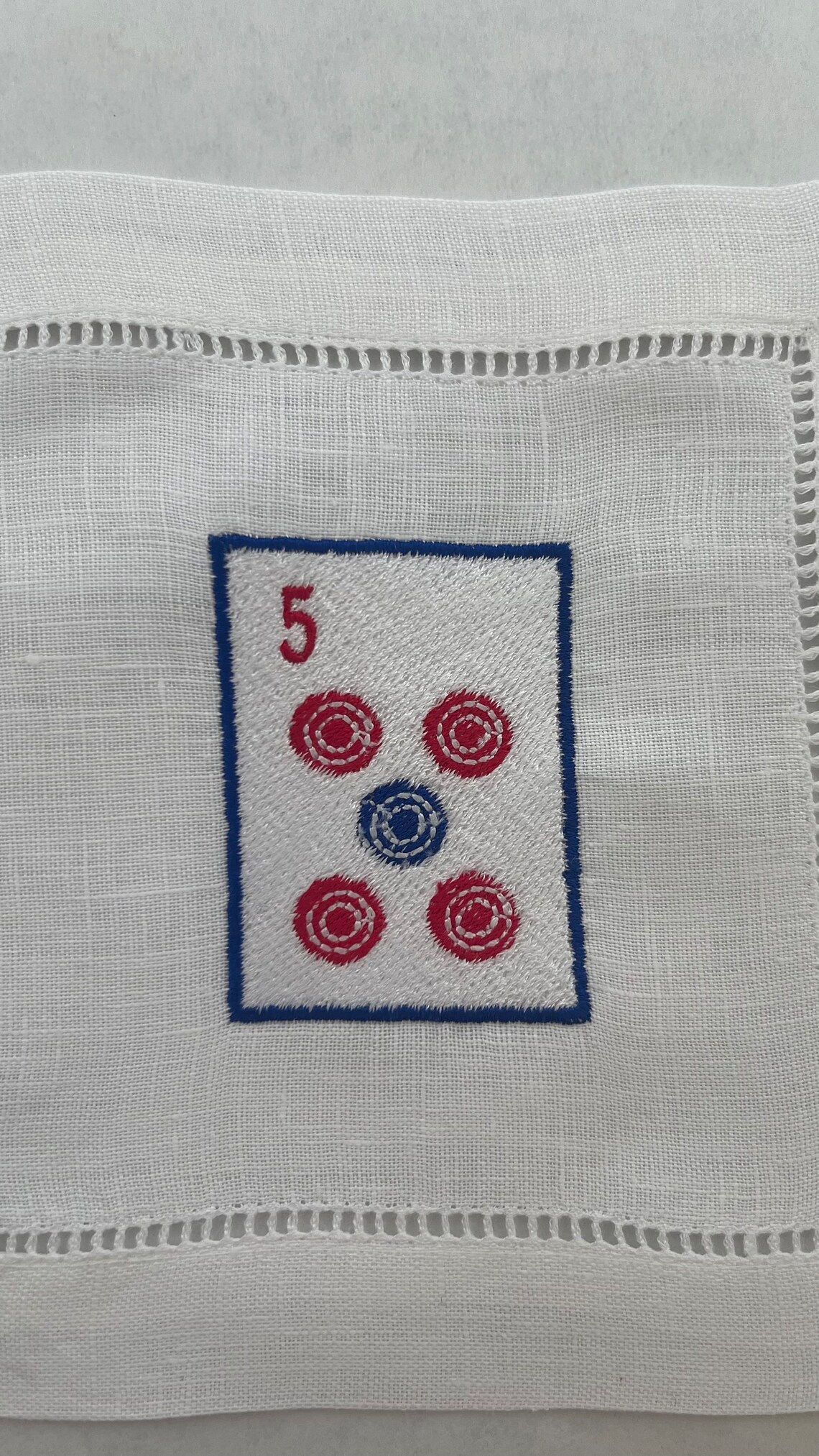 Mah Jongg Cocktail Napkins Linen Asian Chinese Love Mahj Bar Cart Decor Embroidered Joker 5 Dot