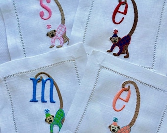 Cocktail Napkins | Monkey Chinoiserie Linen Bar Decor, Embroidered Hostess Gift Coaster, Unique Party Supplies