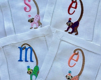 Custom Monogrammed Monkey Cocktail Napkins Linen Chinoiserie Bar Decor Embroidered Hostess Gift Coaster