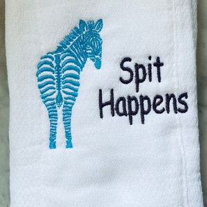 Embroidered Baby Burp Cloth: &quot;Spit Happens&quot; Zebra, Personalized Cotton Gift