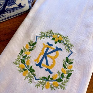 Lemon Crest Embroidered Tea Towel Monogrammed Kitchen Decor & Unique Dish Towel Gift for Home