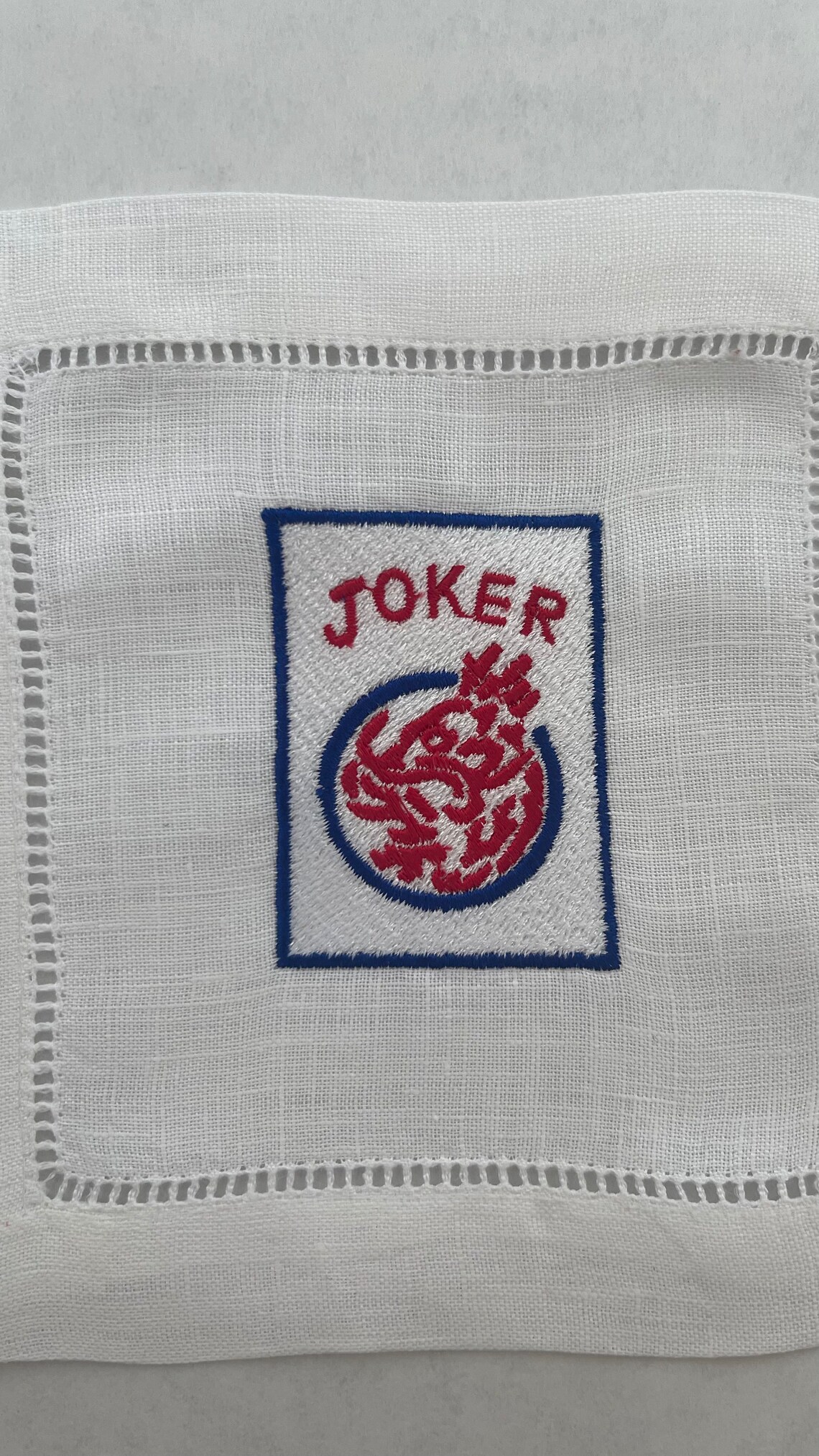 Mah Jongg Cocktail Napkins Linen Asian Chinese Love Mahj Bar Cart Decor Embroidered Joker 5 Dot