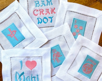 Servilletas de cóctel Mah Jong de lino bordado, regalo para anfitriona de fiestas