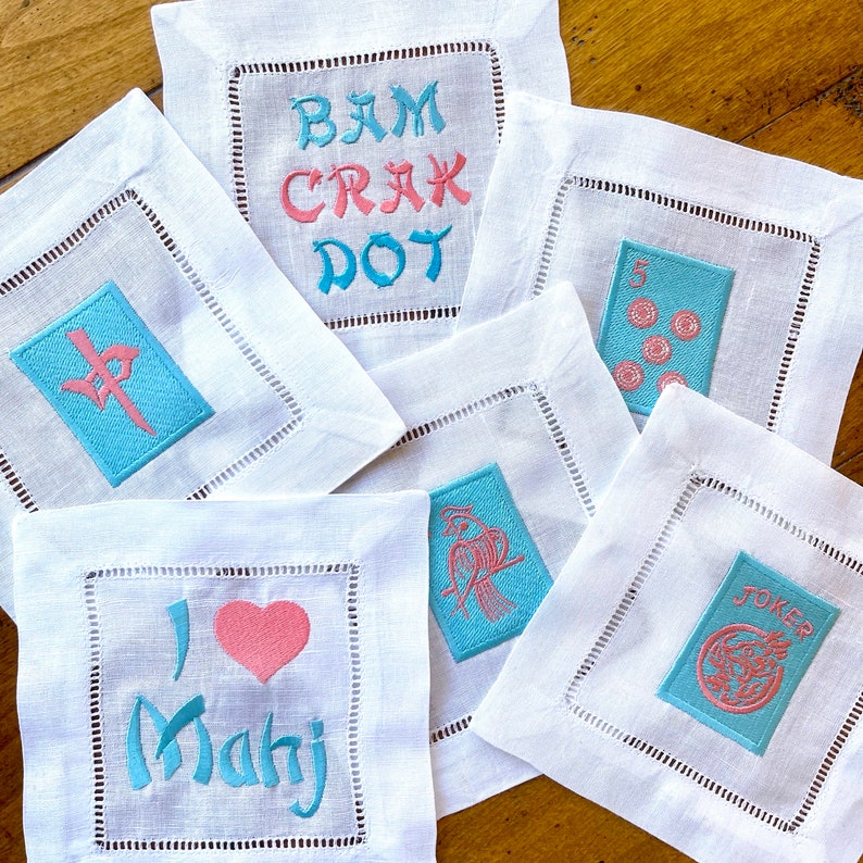 Embroidered Linen Mah Jong Cocktail Napkins, Party Hostess Gift image 1