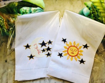 Embroidered Sun & Moon Linen Hand Towel: Celestial Bath Decor