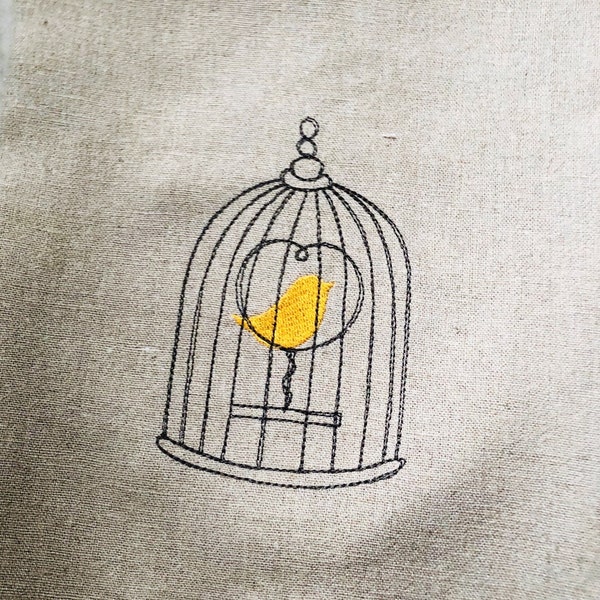 Birdcage Canary Bird in Cage Embroidered Towel Guest Towel Hand Hostess Gift Housewarming Flax Colored Powder Room Decor Bath Decor Yellow