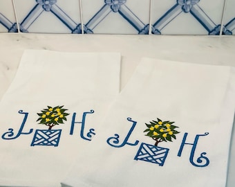 Monogrammed Embroidered Topiary Lemon Kitchen Decor Dish Towel Tea Towel Lemon Tree