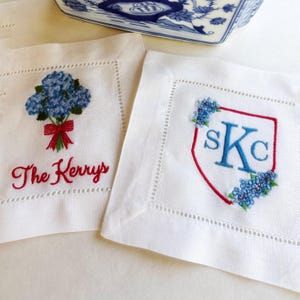 Custom Cocktail Napkins  Embroidered Hydrangeas Coasters Summer Napkins Nantucket Decor, Fun Hostess Gift  Holiday Party Cocktail Napkin