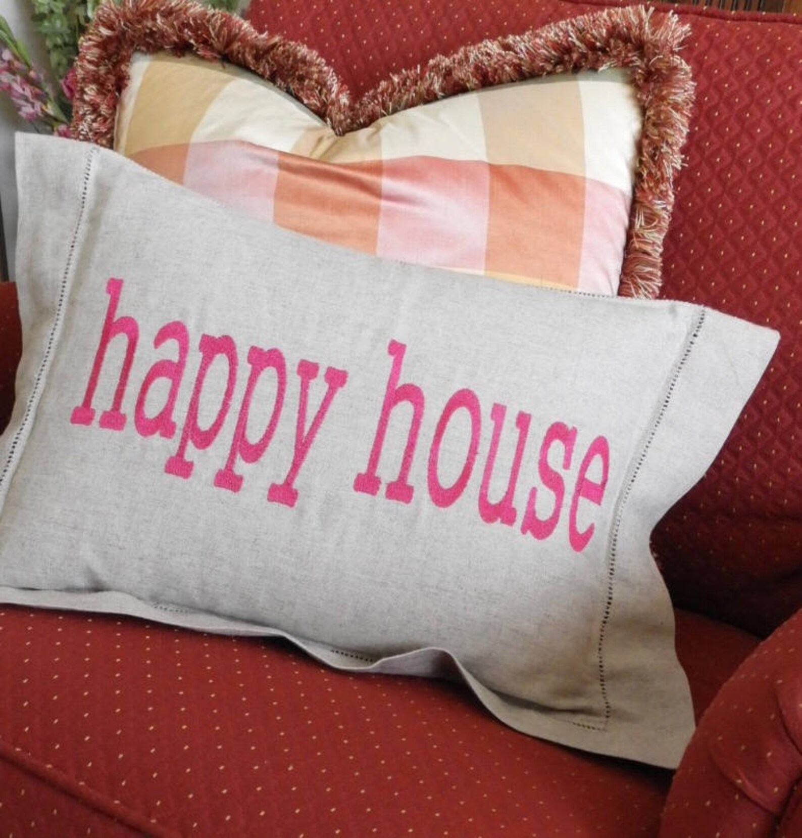 Happy House Pillow Linen Embroidered Word Pillow Cushion Cover Etsy