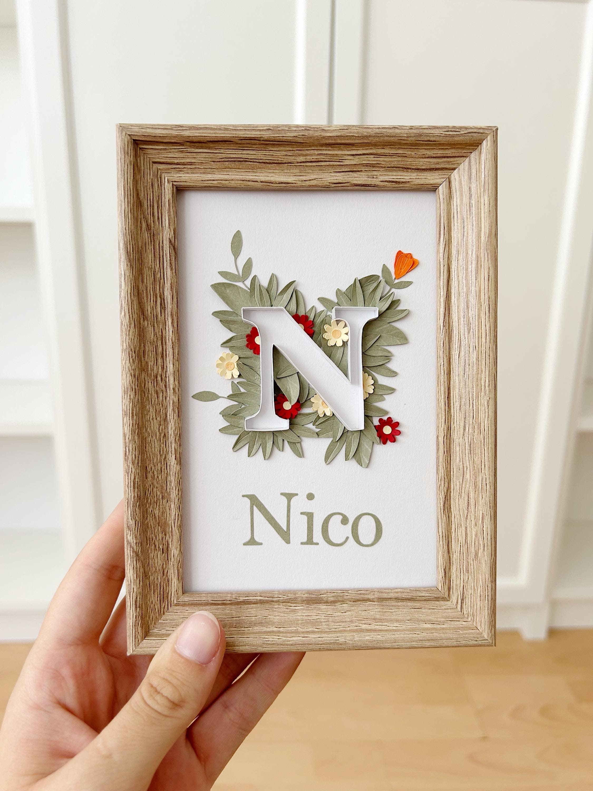 Personalized initial and name frame with paper flowers. Wedding or event place cards. Handmade. Guest favor.