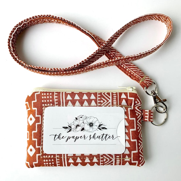Lanyard and/or ID Wallet | Boho Rust Fabric | ID Pouch and Lanyard