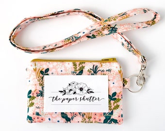 Lanyard and/or ID Wallet | Rifle Paper Co. Meadow Pink Floral Fabric | ID Pouch, Lanyard, Key Fob or Lip Balm Holder