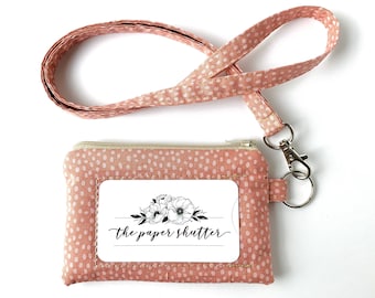 Lanyard and/or ID Wallet | Mauve Pink Dots Fabric |  ID Pouch, Lanyard, Key Fob, or Lip Balm Holder