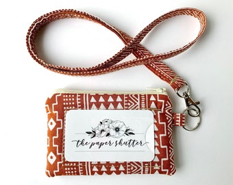 Lanyard and/or ID Wallet | Boho Rust Fabric | ID Pouch and Lanyard