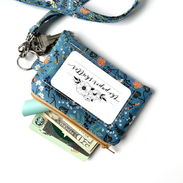 Lanyard and/or ID Wallet | Rifle Paper Co. Wildwood in Blue Metallic Floral Fabric | ID Pouch, Lanyard, Key Fob, or Lip Balm Holder