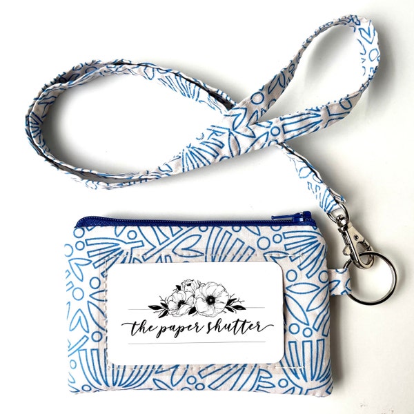 Lanyard and/or ID Wallet | Blue Cream Angelica Floral Fabric Millefleure Col | ID Pouch, Lanyard, Key Fob, or Lip Balm Holder