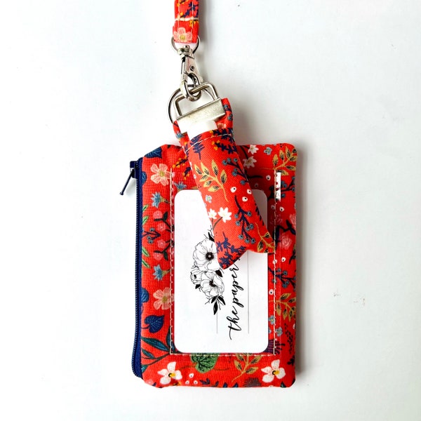 Lanyard and/or ID Wallet | Wildwood Red Floral Rifle Paper Co Fabric | ID Pouch, Lanyard, Key Fob, or Lip Balm Holder