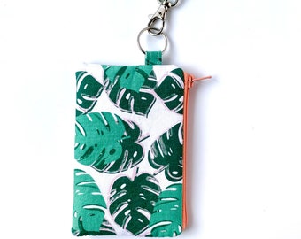 Monstera Leaf Lanyard ID Wallet: Fabric Pouch & Key Fob