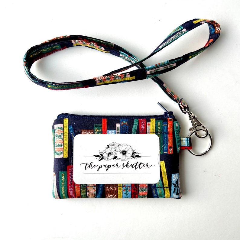 Lanyard and/or ID Wallet Rifle Paper Co. Book Club in Navy Fabric ID Pouch, Lanyard, Key Fob, or Lip Balm Holder Wallet and lanyard