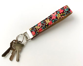 Key Fob | Rifle Paper Co. Rosa Burgundy Gold Metallic floral fabric | Wristlet Key Chain