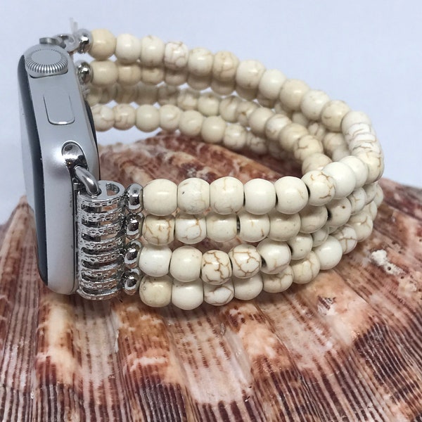 Tan Brown Beaded Apple Watch Band Elastic Bracelet Light Weight 38/40/41mm Women Tan Pearls IWatch Wristband