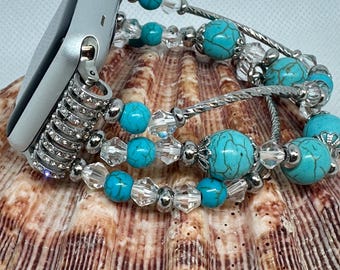 Turquoise Beaded Apple Watch Band, Crystal Accents, Handmade