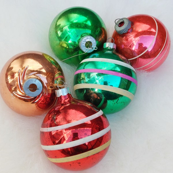 5 Vintage Mix Glass Ornaments Balls Stripes Green Red Shiny Brite USA 2.5 inches Mid Century Christmas Tree