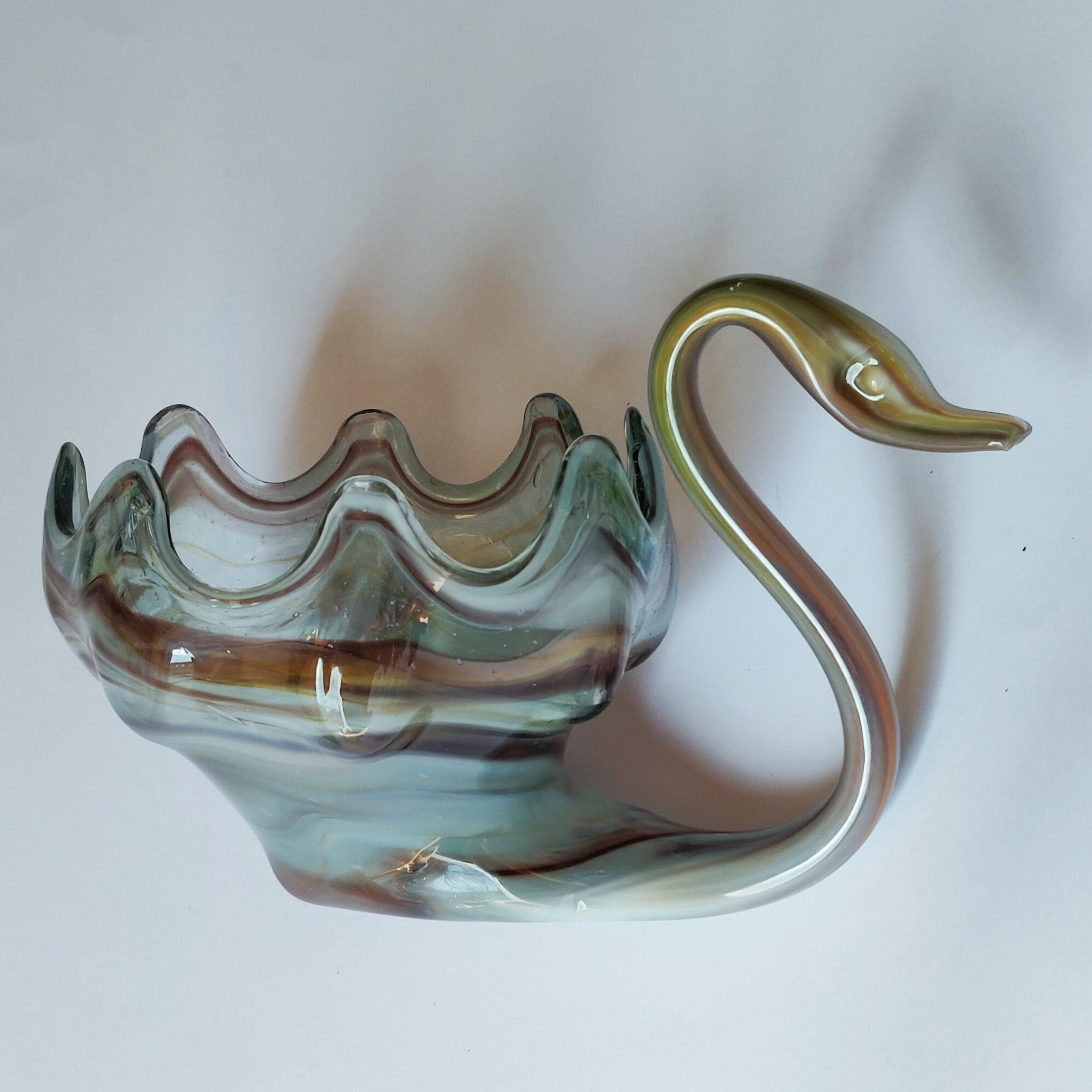 Vintage Hand Blown Glass Swan Bowl Dish Planter Purple Amber Etsy
