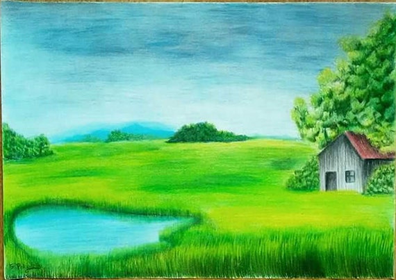 Dessin Original De Paysage Art Crayons De Couleur