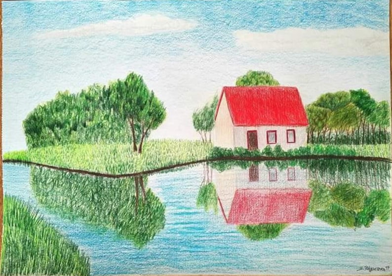 landschap van de tekening gekleurde potlood tekenen kunst | etsy
