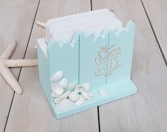 Summer Vibes set costiero di 4 sottobicchieri in legno, sughero, menta, conchiglie bianche, arredamento costiero, arredamento casa sulla spiaggia