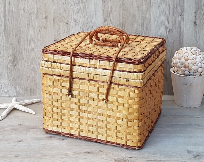Vintage Wicker Picnic Basket With Gingham Lining, Rattan Picnic Basket