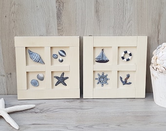 Set di 2 pezzi di arte murale costiera vintage, decorazioni nautiche, decorazioni per case sulla spiaggia, conchiglie incorniciate, decorazioni costiere