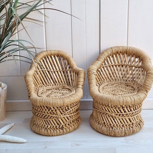2 Vintage Wicker Doll Chairs, Bamboo Peacock Chair, Plant Stand, Doll Chair. Bohemian Decor, Tropical Decor