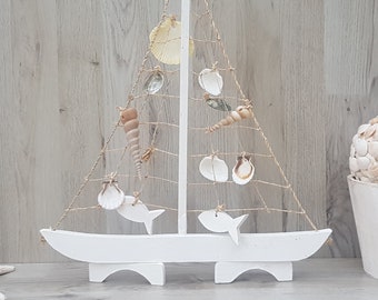 Large Wooden Sailing Boat with Wooden Fish and Seashells, White Shells, Coastal Decor, Beach House, Beach Decor