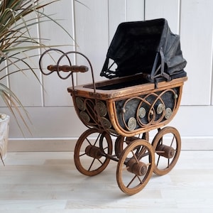 Antique Wicker Stroller, 15 Wicker Doll Buggy, Brown Black Pram, Doll Carriage, Newborn Photography Prop, Doll Basket, Wicker Doll Stroller image 1