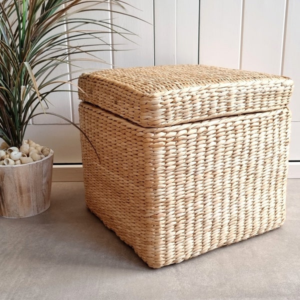 Vintage Wicker Storage Basket, Upholstered Stool, Wicker Footstool, Storage Basket, Coastal Decor, Beach House Decor