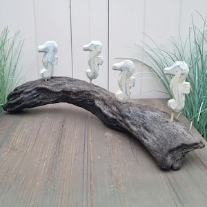 Op de afbeelding: Vier wit en blauwe zeepaardjesfiguren zijn gemonteerd op een verweerde, donkerbruine drijfhoutstam. De zeepaardjes staan op houten deuvels. Het drijfhout staat op een houten tafel, met groen gras op de achtergrond.
