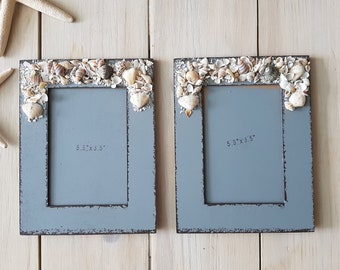 Set di 2 cornici per foto costiere vintage, conchiglie, decorazioni costiere, casa sulla spiaggia, decorazioni da spiaggia