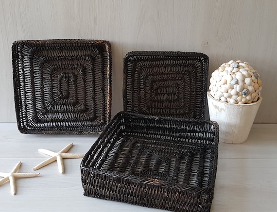 3 Wicker Wall Baskets, Square Nesting Baskets, Decorative Wicker Basket, Shallow Basket, Coastal Decor, Bohemian Decor, Beach House Decor