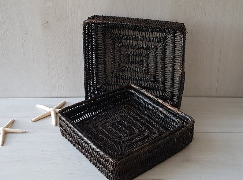 3 Wicker Wall Baskets, Square Nesting Baskets, Decorative Wicker Basket, Shallow Basket, Coastal Decor, Bohemian Decor, Beach House Decor image 4