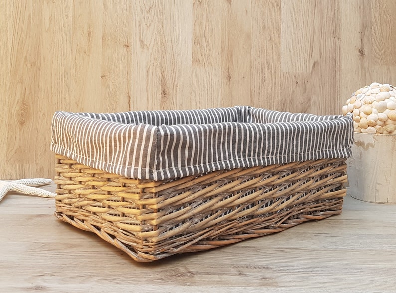 Vintage Rectangular Grey Wicker Basket With Lining Decorative Etsy