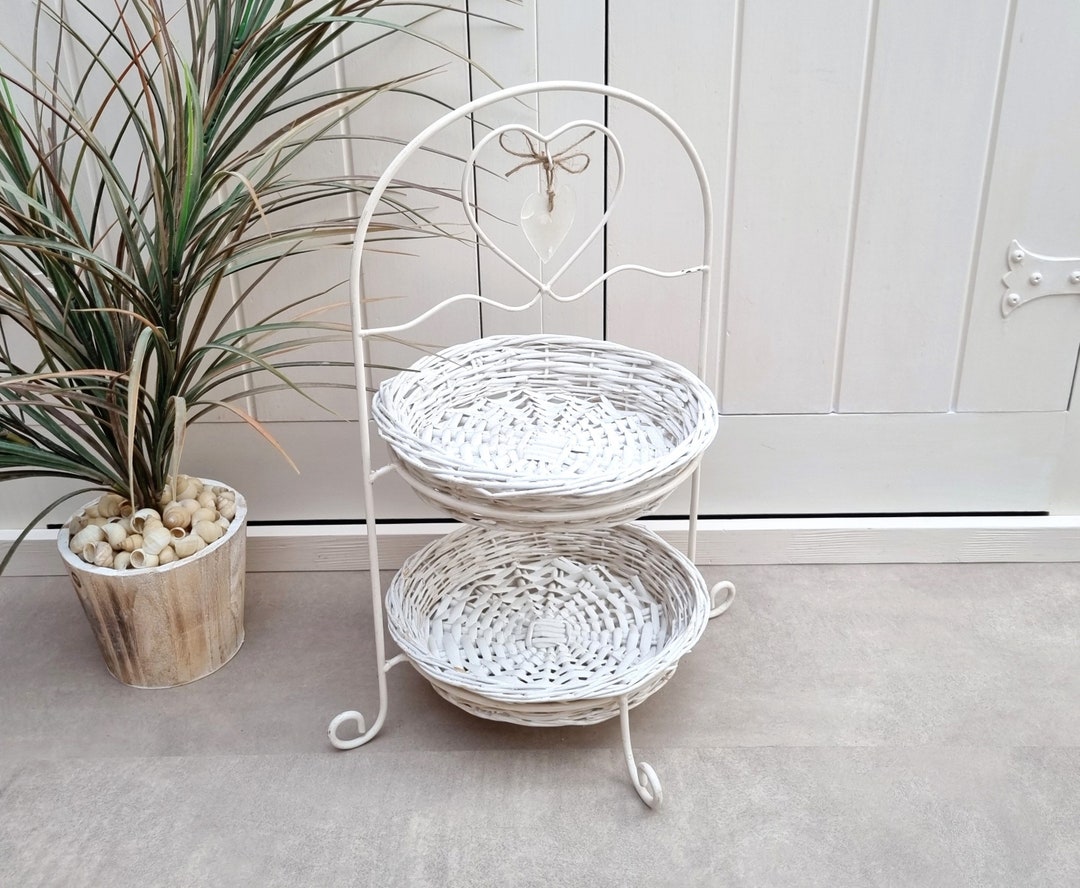 White 2 Tier Wicker Basket Stand, Two Tier Basket, Capiz Shell Decor