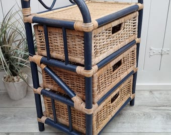 Vintage Wicker Drawers, Bamboo Furniture, Wicker Nightstand, Blue Bamboo Cabinet, Rattan Drawers, Coastal Decor, Bohemian Decor